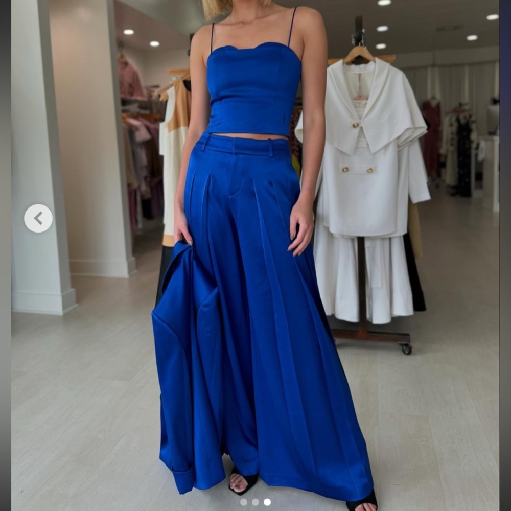 Alice + Olivia Blue Satin Ada Peekaboo Bustier Cropped Corset Top and Pants Set